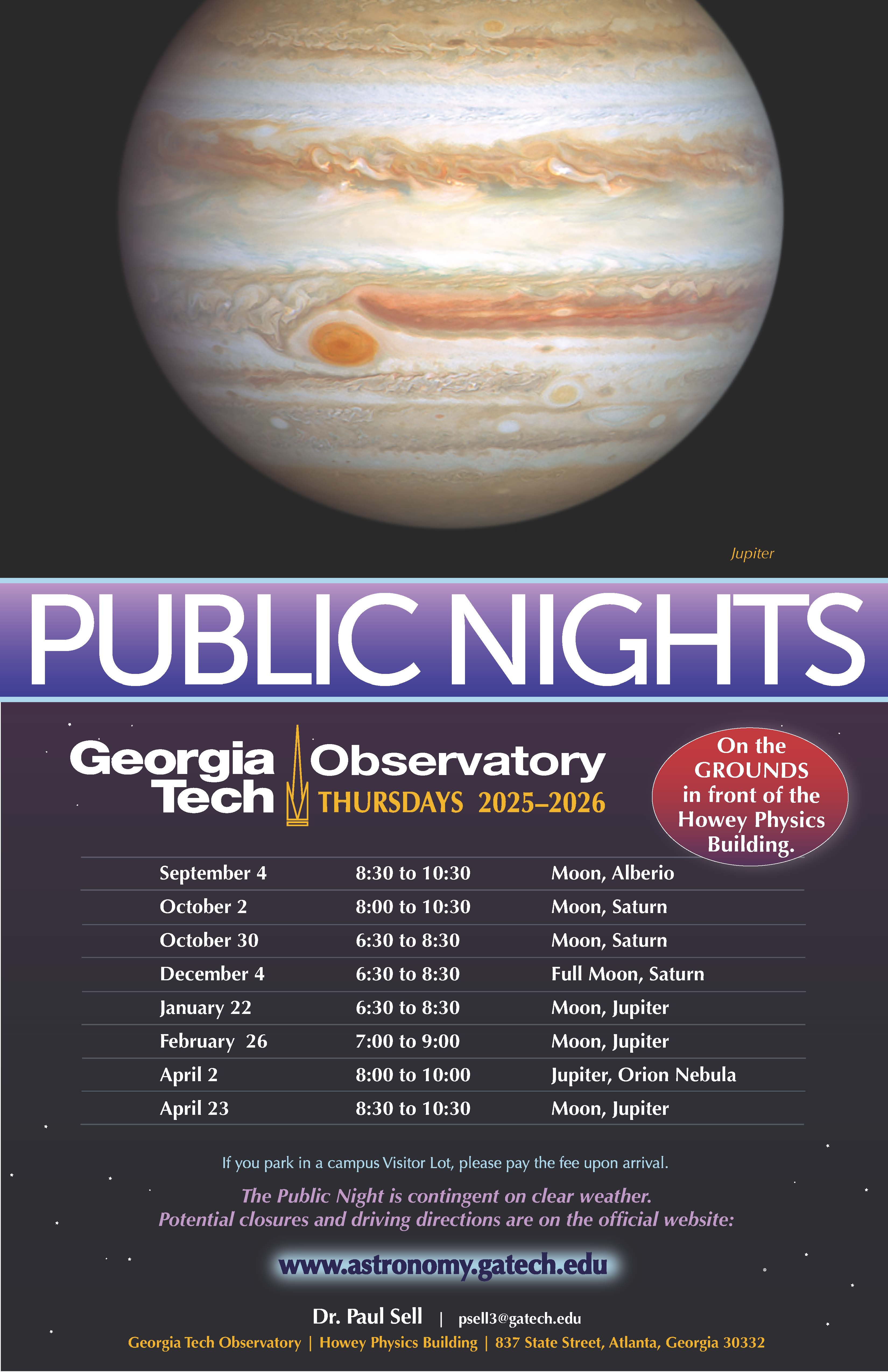 Georgia Tech Observatory: 2025-26 Public Nights Schedule